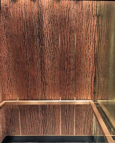 1 Hotel in New York City: poplar bark wall paneling in elevator. Bark House.