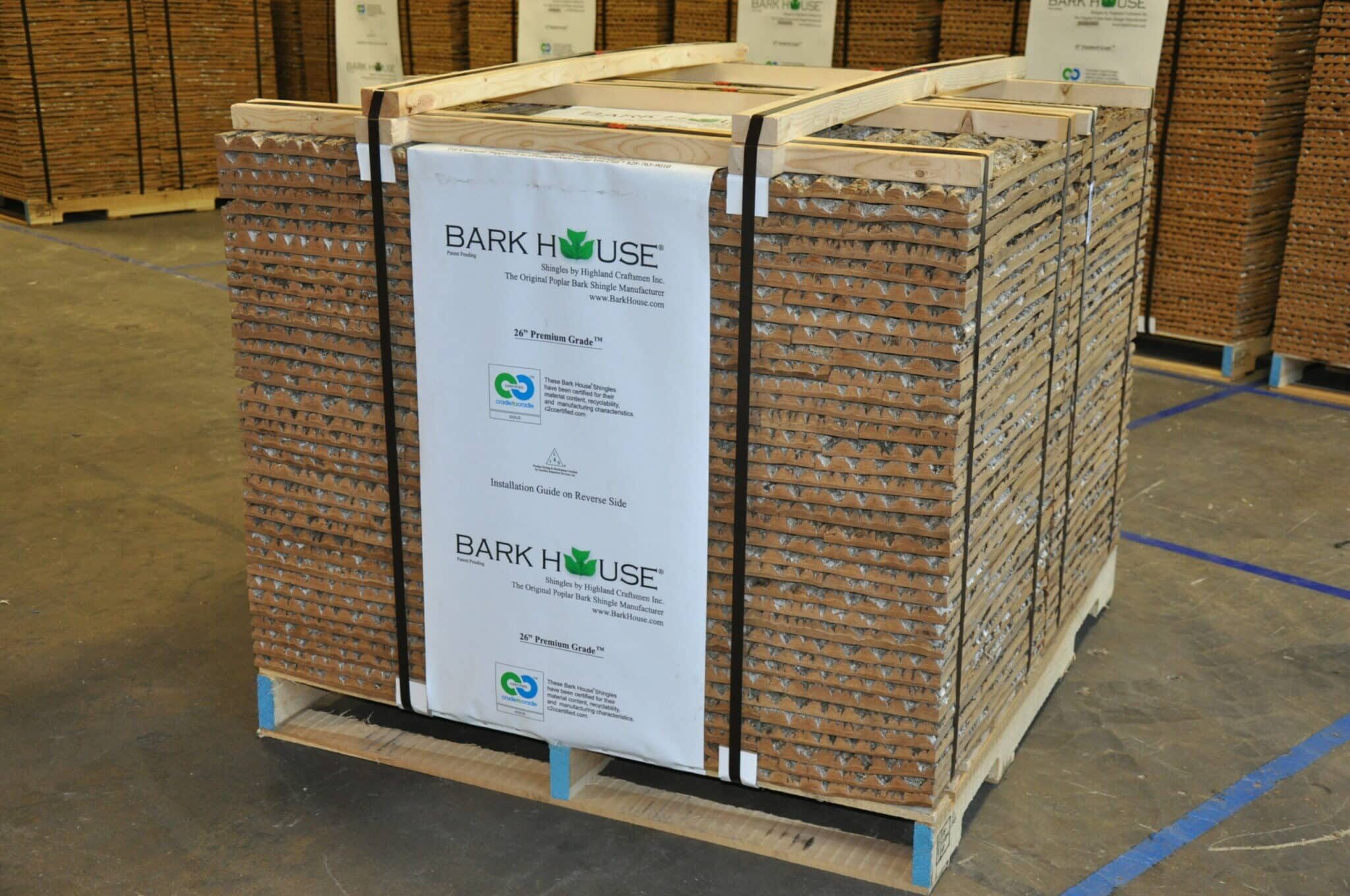 A pallet of The Bark House at Highland Craftsmen 26" premium poplar bark shingles for wall covering treatments