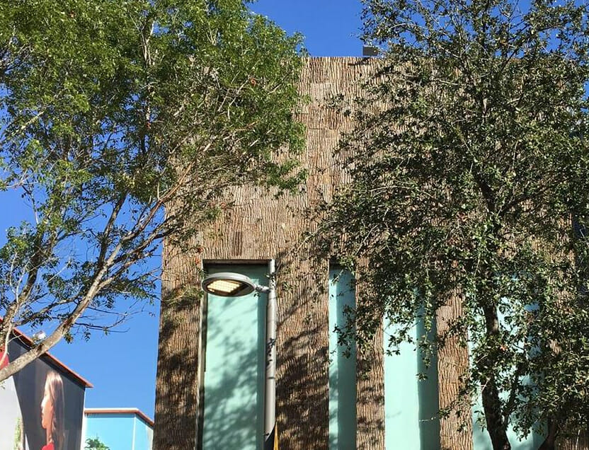 Bark House Brand exterior poplar bark shingle siding on the outside of Christian Louboutin's Miami shoe boutique