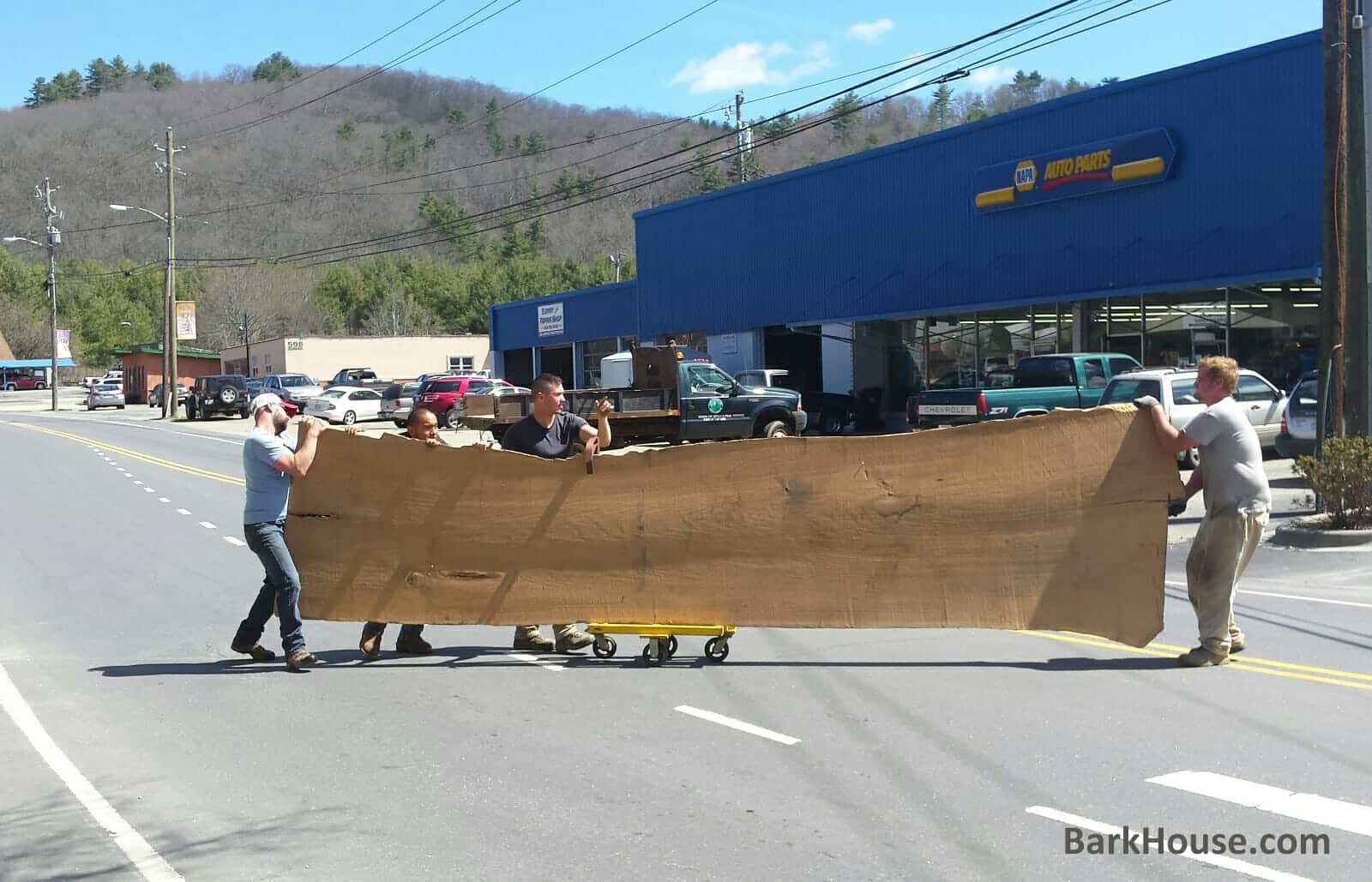 Bark House Live Edge Oak Slab crossing Oak Avenue in Spruce Pine, NC