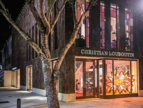 Exterior poplar bark siding on Christian Louboutin flagship in Miami