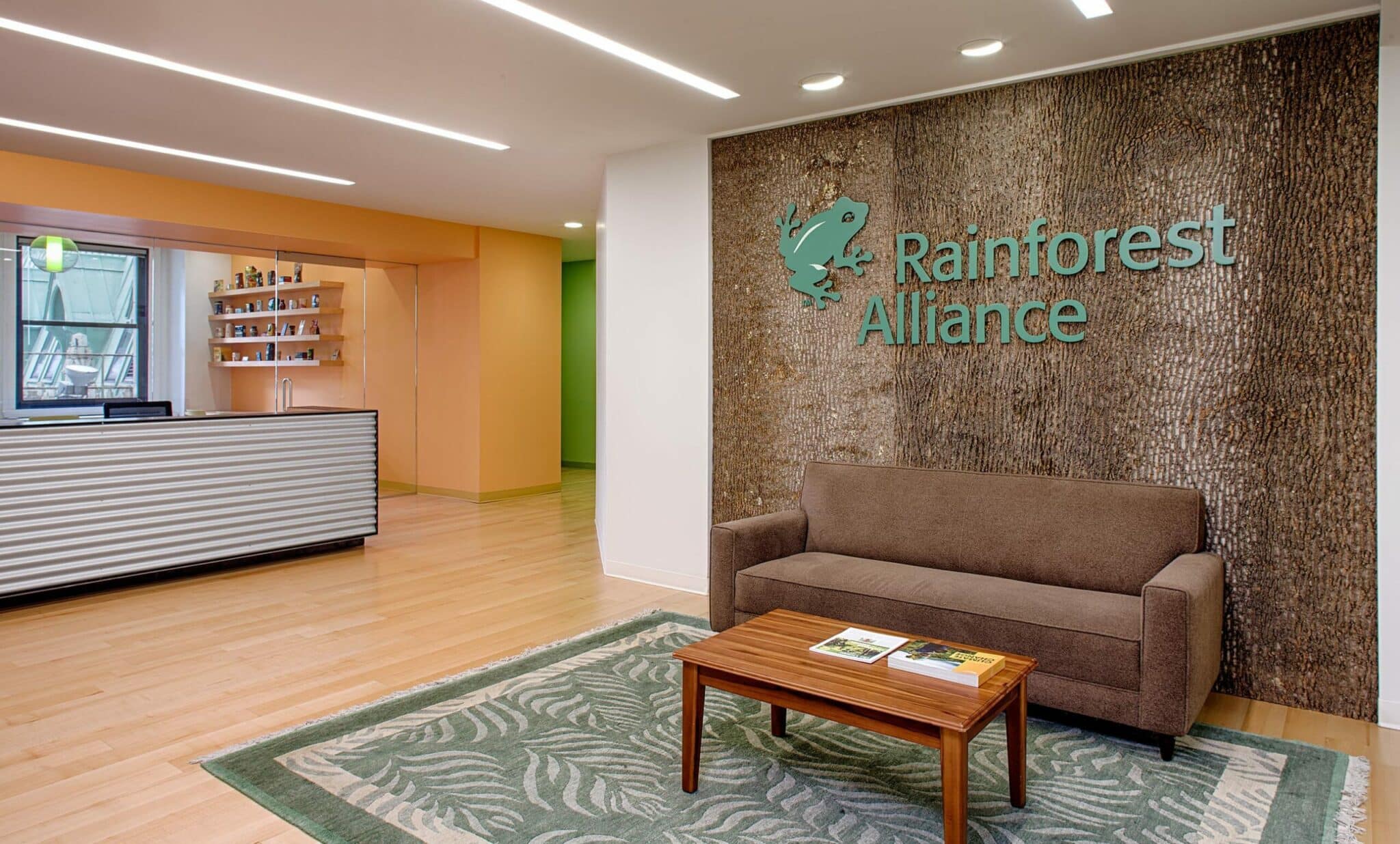 Rainforest Alliance has beautiful Bark House Tulip Poplar Wall Panels at their headquarters