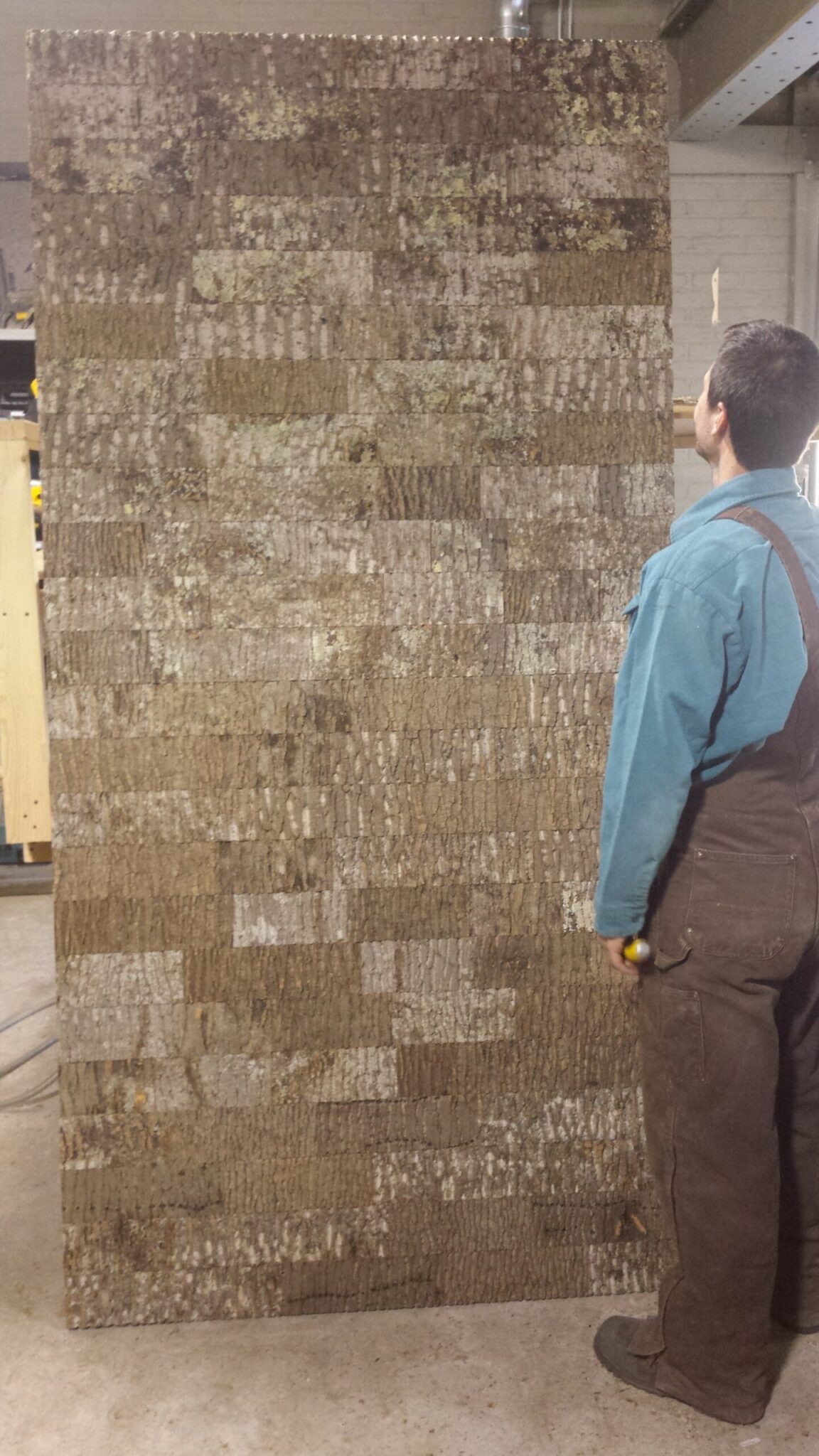 Casey surveys his work: Bark House Made in America poplar bark subway tiles wall panels