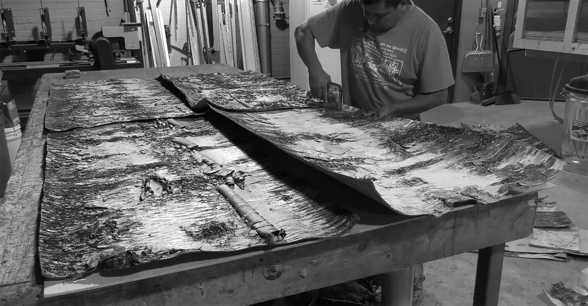 Berto creating Bark House White Birch Bark wall covering panels