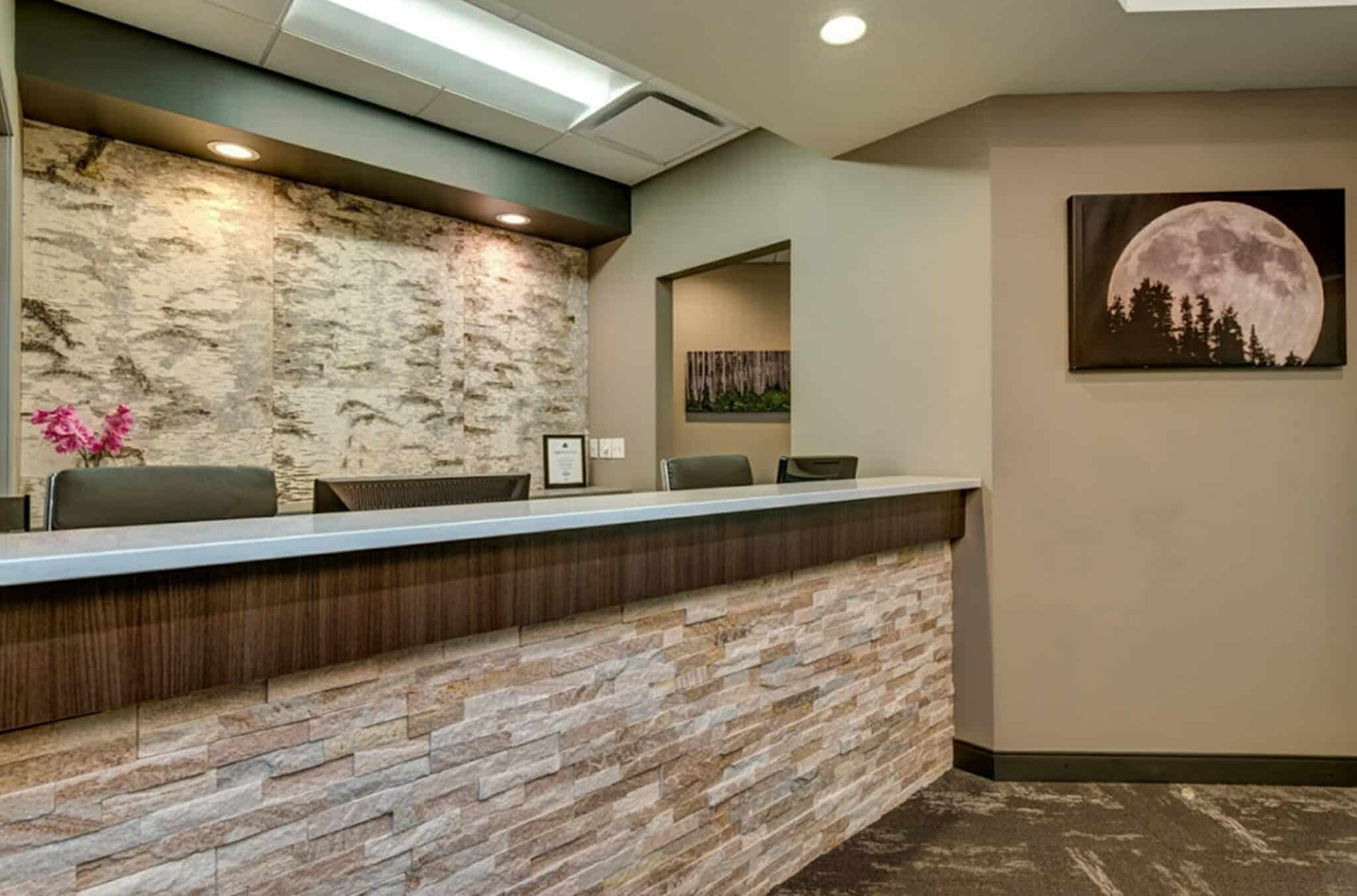 Bark House's White Birch Bark Laminate Veneer is in Taylor Dental Office in Colorado - Reception