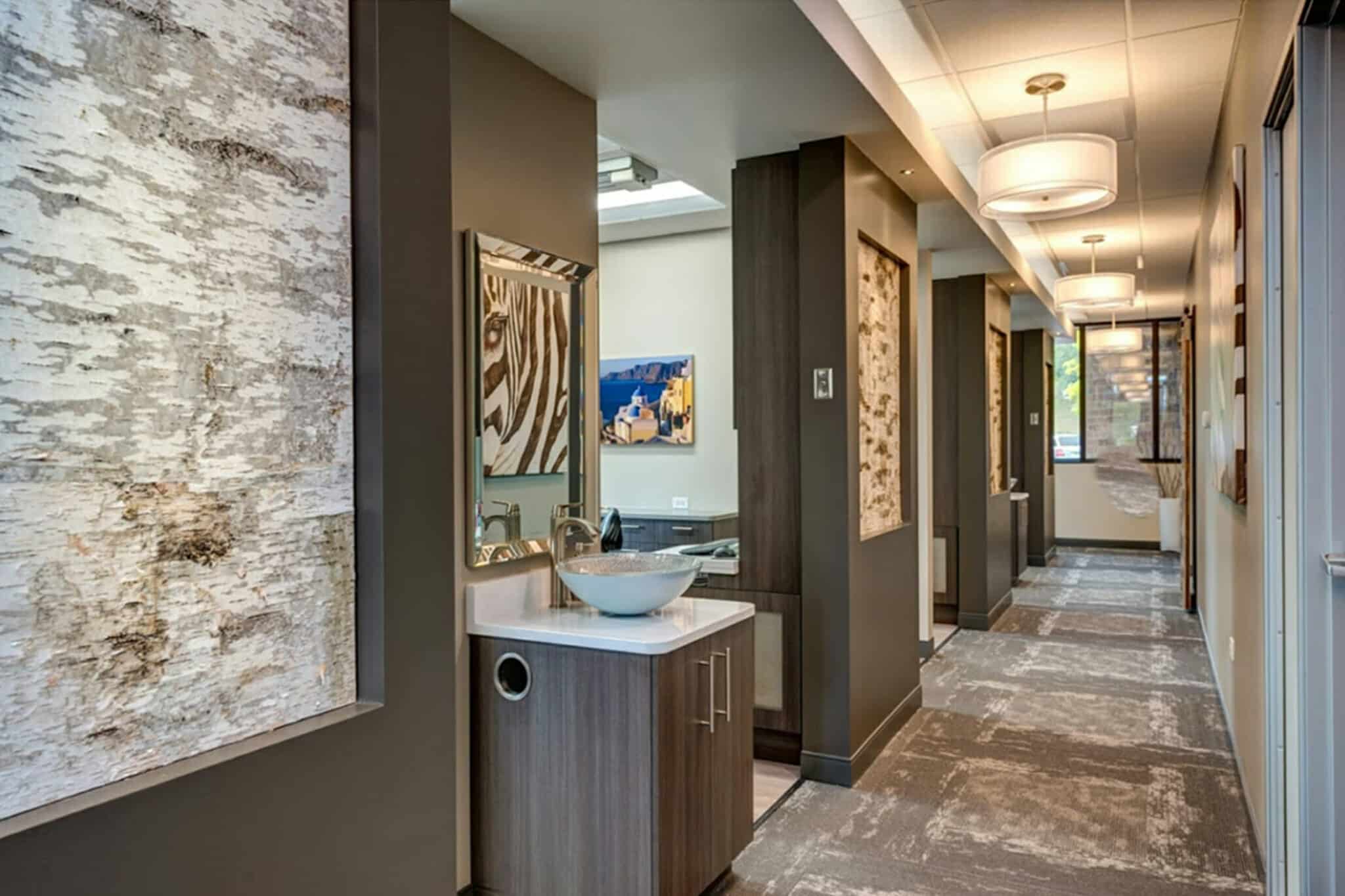 Bark House's White Birch Bark Laminate Veneer is in Taylor Dental Office in Colorado - Hallway