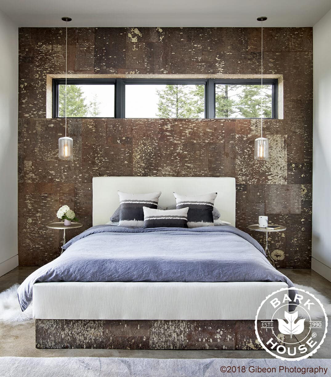 Bark House White Pine Bark on bed and wall