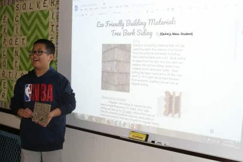 5th Grade students in Quincy, MA learn about eco-friendly building products by using Bark House Shingles.