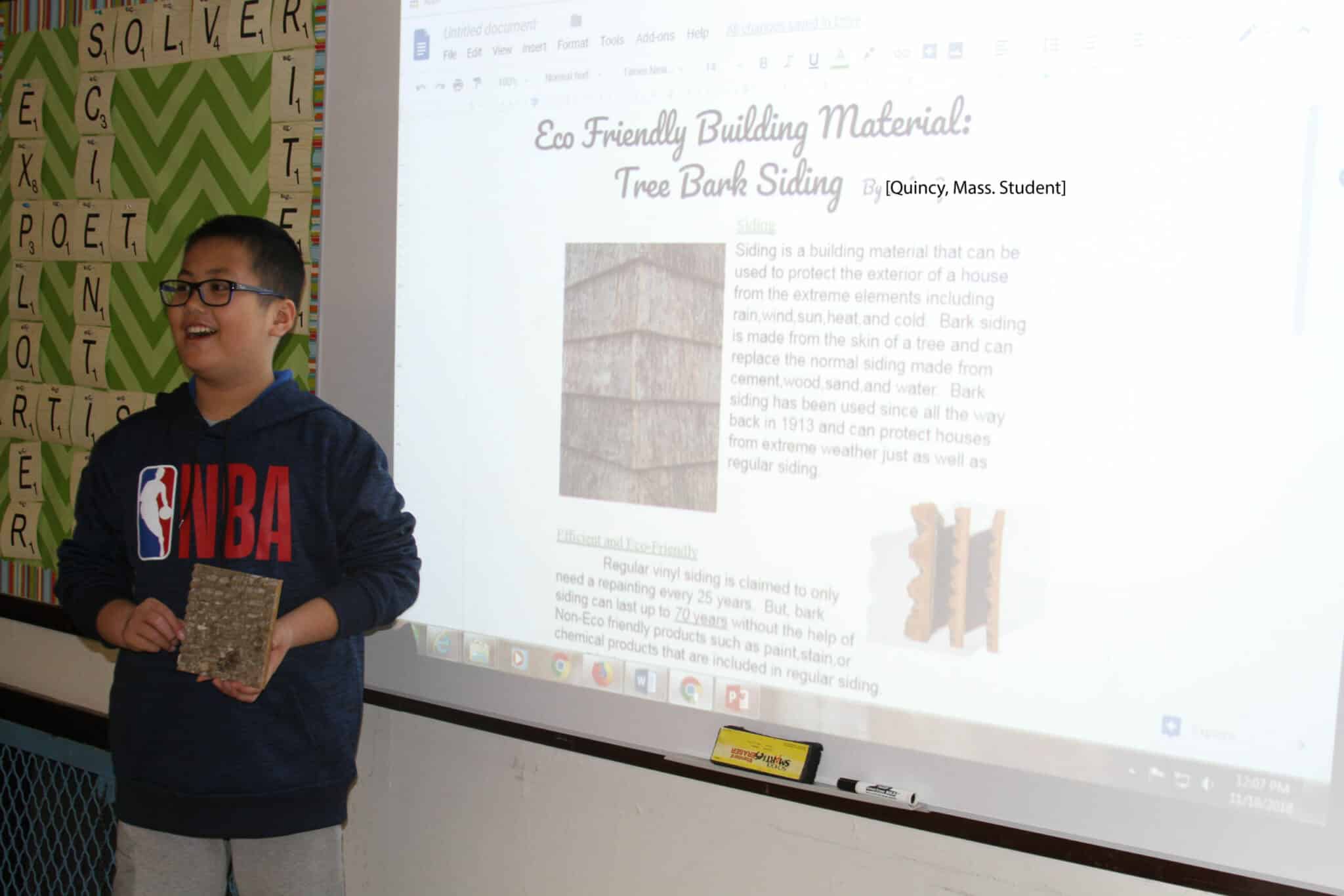 5th Grade students in Quincy, MA learn about eco-friendly building products by using Bark House Shingles.