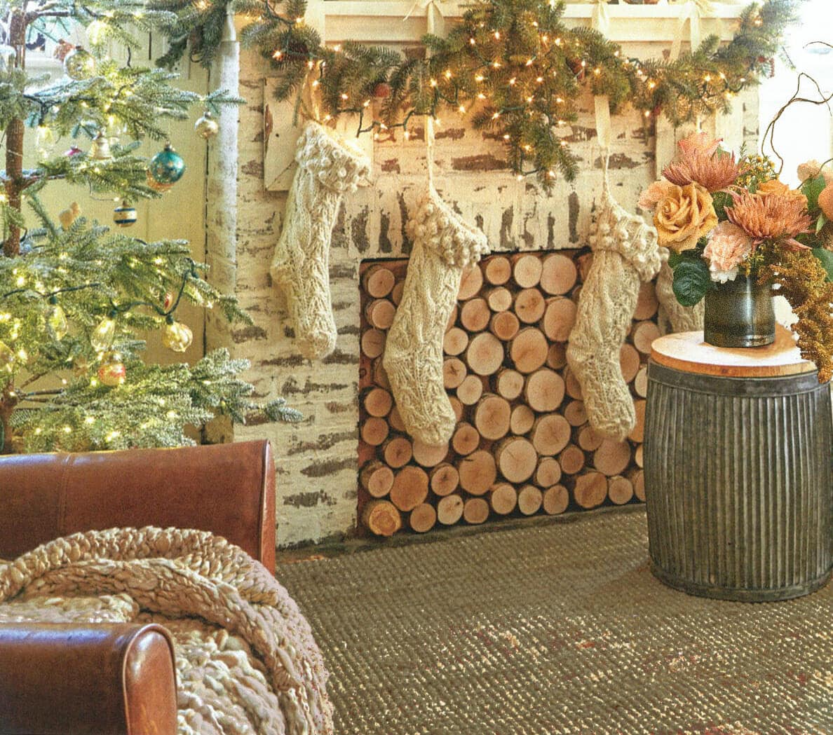 Inspiration: poplar pole end-cut panel as a fireplace insert