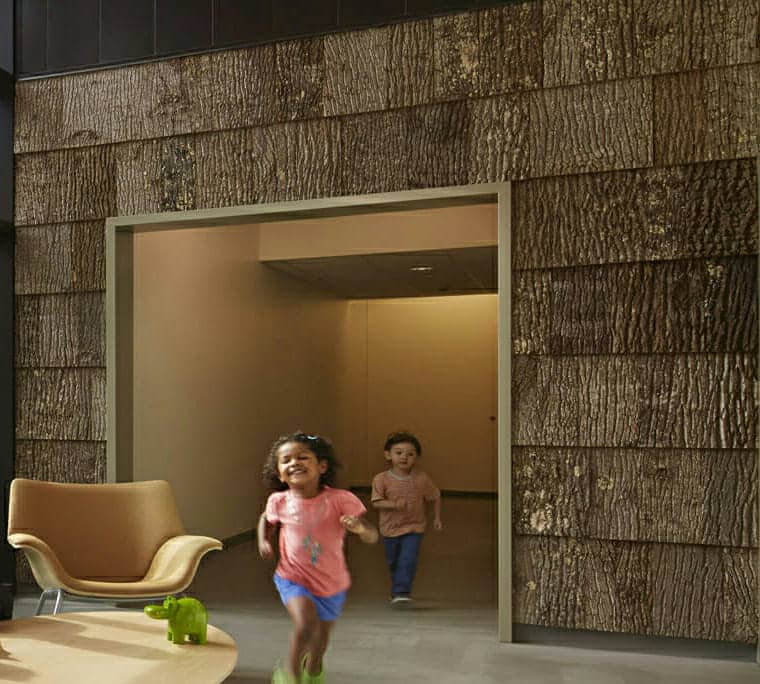 Bark House Poplar Bark Siding in the interior of the University of Chicago child care center